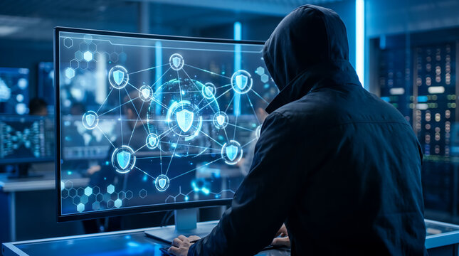 A programmer uses a high-tech computer with a cybersecurity icon to secure server data. 
