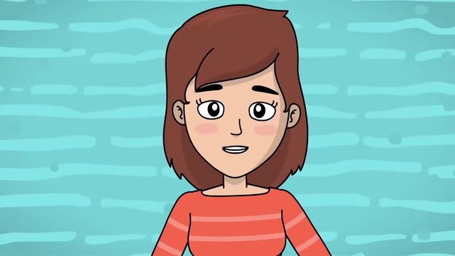 2D animation half body portrait of a dark-haired woman in striped top talking and gesturing blue background