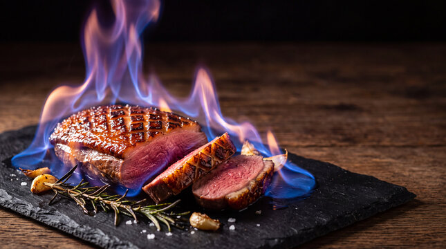 Caramelized Flamb&eacute; Duck Breast with Blue Flame, Flaming Sensory Fine Dining, Low Angle Dramatic Light, Copy Space