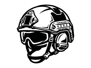 Fototapeta premium Military Tactical Combat Helmet with Goggles - Black and White Line Art Vector Illustration