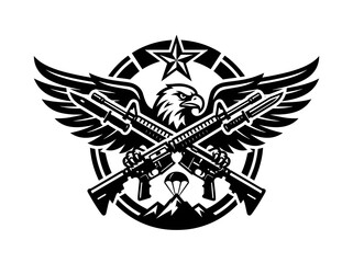 Fototapeta premium Black and White Emblem: Eagle, Rifles, Parachute, Mountains, Star