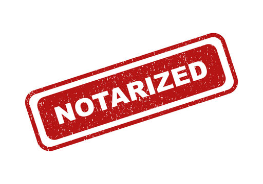 Red rubber stamp with the word notarized in a grunge textured style