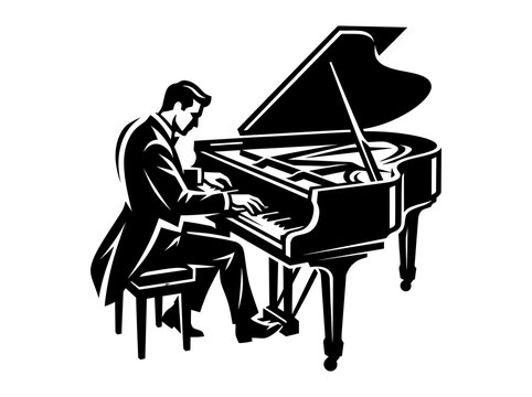 Monochromatic Stylized Vector Illustration of a Pianist Playing Grand Piano - Music and Performance