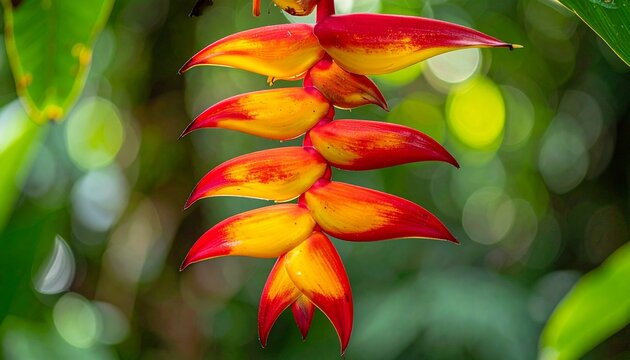 Heliconia rostrata flower. Hanging lobster claw plant with vivid red and yellow tropical bracts blooming in a lush jungle. 