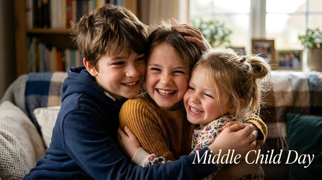 Three siblings laughing and hugging on couch celebrating national middle child