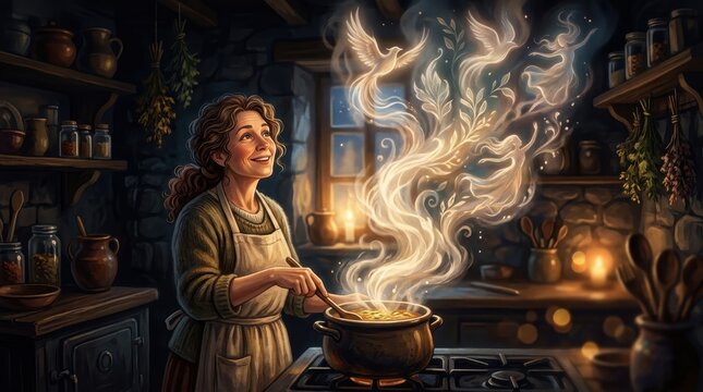 Joyful woman cooking with magical, ethereal steam forming shapes in an old, warm kitchen