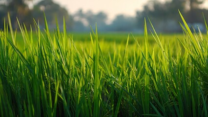 Obraz premium Sunlit Green Rice Field Grass Close Up in Countryside