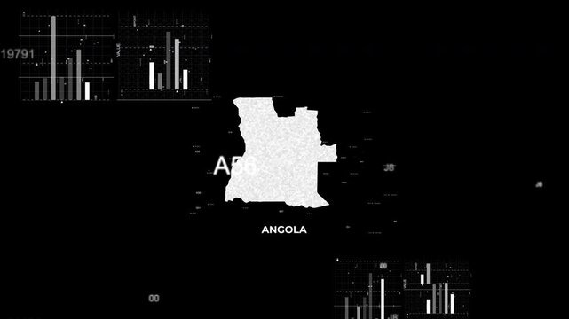 Angola map animation showcasing economy, infrastructure, technology, population, energy, trade, and national development data for presentations, films, documentaries, and motion graphics.