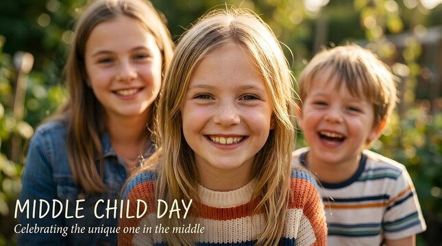 Happy siblings laughing together outside in nature for national middle child day