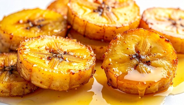 Macro view of fried plantains. Appetizing ivorian aloko food photography detailing the crispy edges and soft sweet center of perfectly fried plantain rounds.