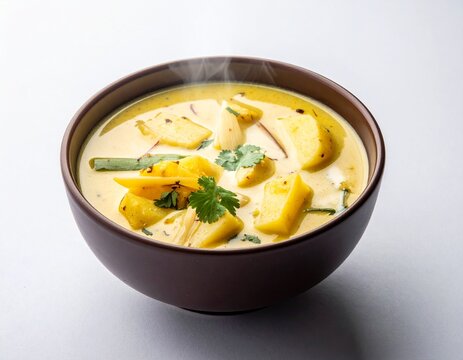 Creamy potato and pea soup. Traditional indian aloo matar yellow curry served in a warm brown bowl featuring soft cooked potatoes and fresh green herbs.