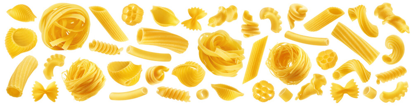 set of uncooked Italian Pasta, isolated, full depth of field