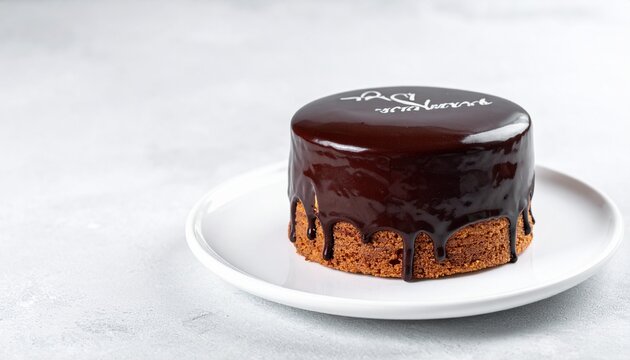 Round chocolate dessert. Authentic romanian amandina sponge cake topped with glossy chocolate fondant icing on a minimalist plate.
