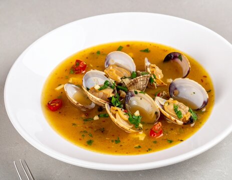 Clams in yellow garlic broth. Authentic portuguese ameijoas a bulhao pato featuring fresh clams cooked in a savory garlic, olive oil and herb seafood sauce.