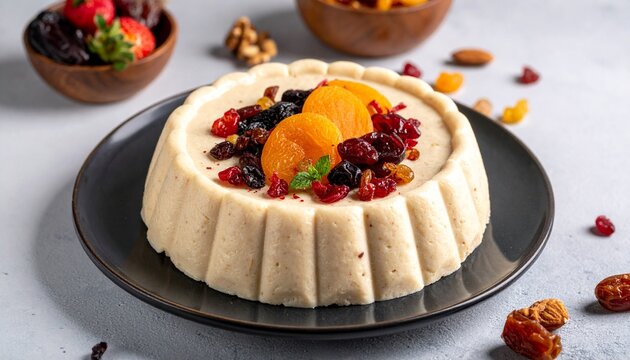 Nutty dessert pudding close up. Traditional armenian anoushabour sweet wheat porridge garnished generously with mixed nuts and dried fruits for holidays.