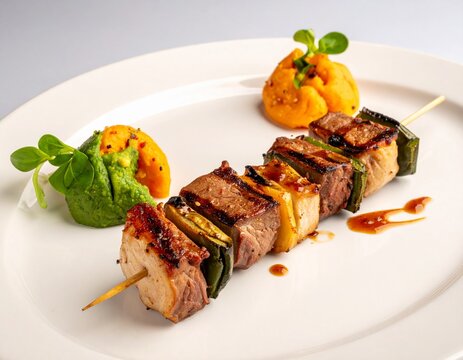 Beef skewers with lemon wedges. Traditional peruvian anticuchos street food showing grilled meat on wooden sticks with citrus and herbs on a bright plate.