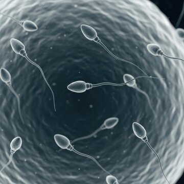Microscopic view of multiple sperm cells approaching an egg cell, depicting the fertilization process