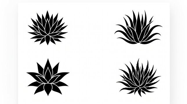Four black plant silhouettes arranged neatly, showcasing diverse leaf shapes on white background.