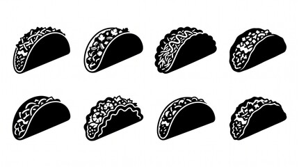 Obraz premium Eight stylized taco silhouettes arranged neatly, showcasing diverse shell and filling designs.