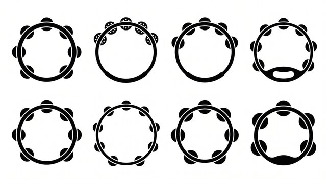 Eight black circular silhouettes with decorative protrusions, arranged symmetrically on white background.