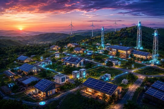 Sustainable village with solar panels and wind turbines at sunset with glowing energy grid