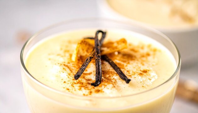 Sweet rice pudding. Homemade arroz con leche dessert topped with rustic cinnamon sticks in a bowl.