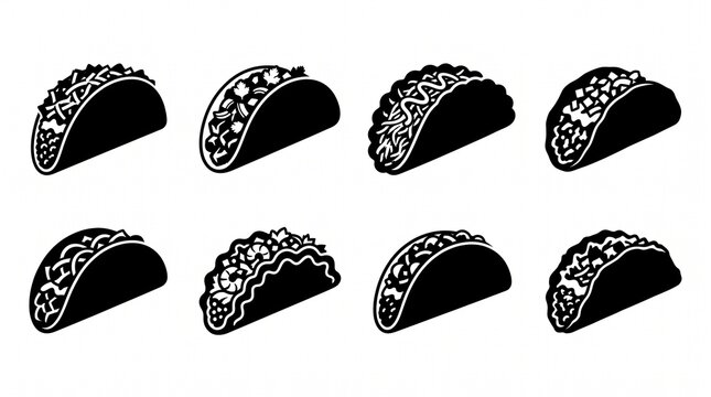 Eight stylized taco silhouettes arranged neatly, showcasing diverse shell and filling designs.