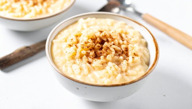 Creamy rice dessert. Traditional arroz con leche sweet rice pudding topped with ground cinnamon.