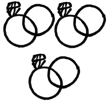 Set of three hand-drawn interlocked wedding rings with diamond doodle illustrations on white background