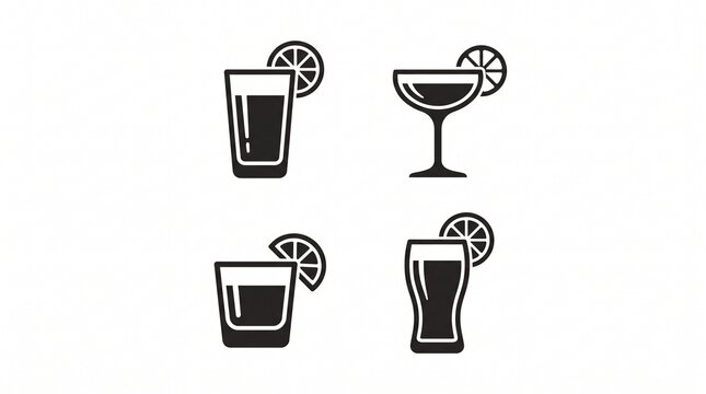 Four black drink glass silhouettes with citrus garnish, arranged neatly on white background.