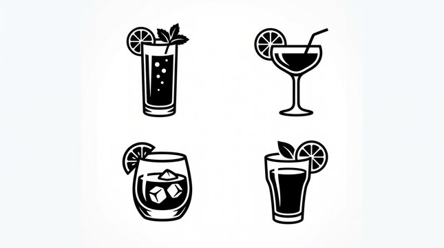 Four black drink glass silhouettes with citrus garnish, arranged neatly on white background.