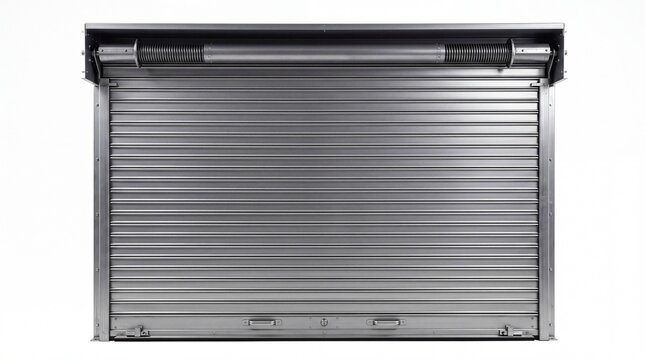 Metallic industrial rolling shutter door showing durable steel construction for commercial store front security protection isolated on white background