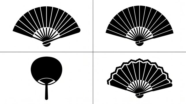 Four black handheld fan silhouettes arranged neatly, showcasing cultural variations on white background.