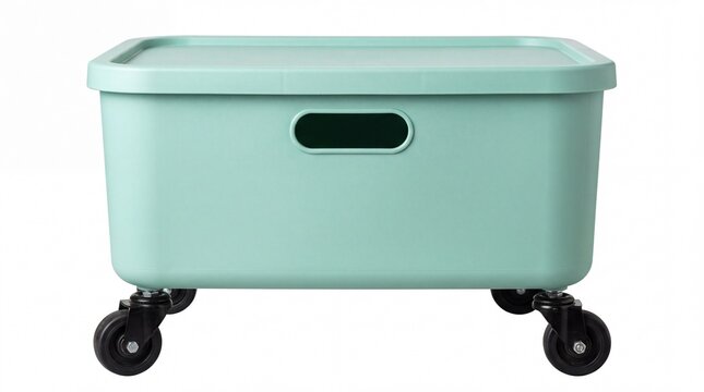 Mint green plastic storage bin with wheels for household organization equipment featured in studio photography shots on white background