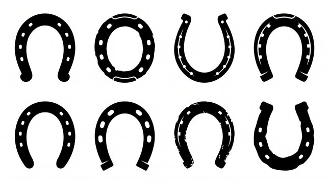 Eight black horseshoe silhouettes arranged neatly, showcasing varied hole patterns on white background.