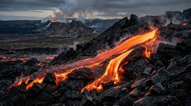 Molten Lava Flows Slowly Over Volcanic Rock in a Dramatic Eruption Landscape