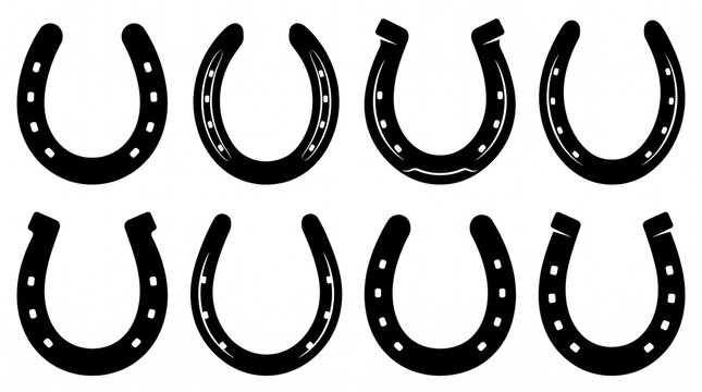 Eight black horseshoe silhouettes arranged neatly, showcasing varied hole patterns on white background.