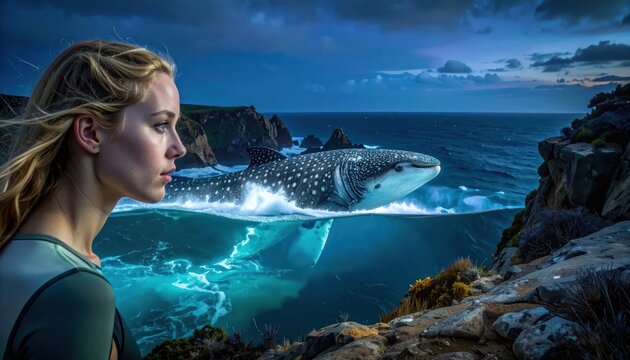Woman watching giant whale shark in ocean at night.