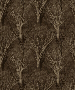 Seamless sophisticated dark brown botanical texture featuring elegant bare winter tree patterns and refined misty forest design