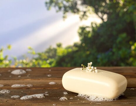 White bar of soap with lather on wood.