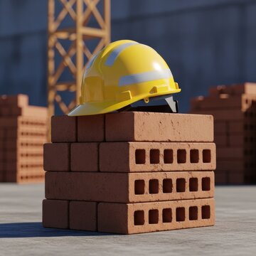 Yellow Construction Safety Helmet Resting on a Stack of Red Bricks at an Industrial Site