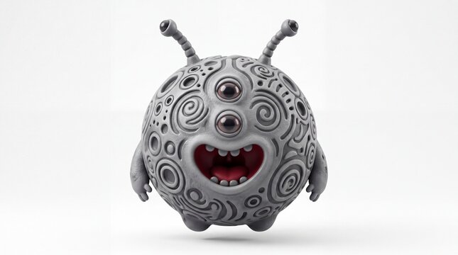 Circular gray alien creature featuring detailed swirl patterns and double eyes standing happy in a minimal studio shot on white background