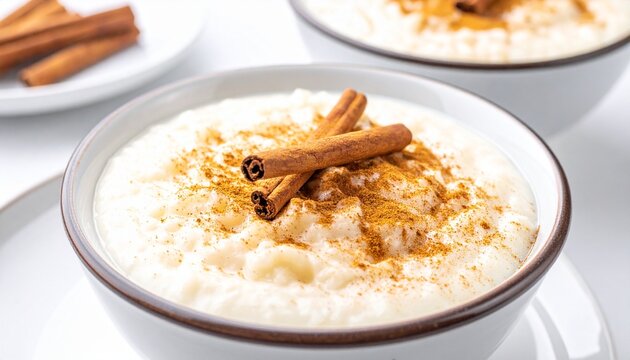 Cinnamon rice pudding. Authentic Arroz con leche dessert served in a bowl, richly spiced with a dusting of ground cinnamon and whole sticks.