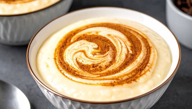 Intricate Arroz Doce Cinnamon Pattern. Smooth rice pudding with a perfectly sculpted, symmetrical spiral of ground cinnamon in a blue-grey bowl. Beautiful dessert.