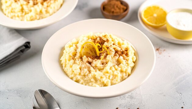Textural Arroz Doce on Plate. Hearty, textured rice pudding on a shallow plate, dusted simply with cinnamon powder at the center. A rustic dessert.