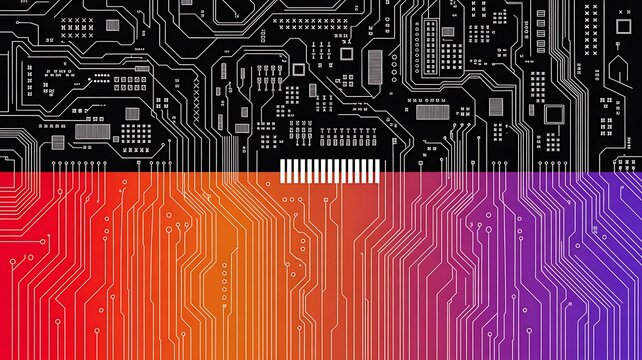 Electronic circuit board design with white lines on black and a vivid rainbow gradient bottom half