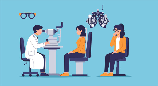 Professional ophthalmologist examining a patient's eyes using a slit lamp and phoropter in a modern optometry clinic.