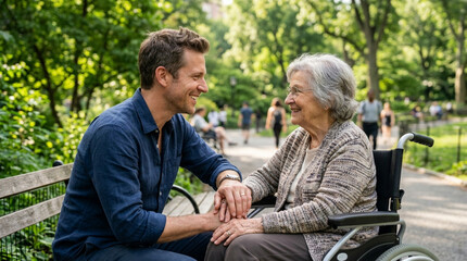 Fototapeta premium Smiling man and senior woman in wheelchair in park