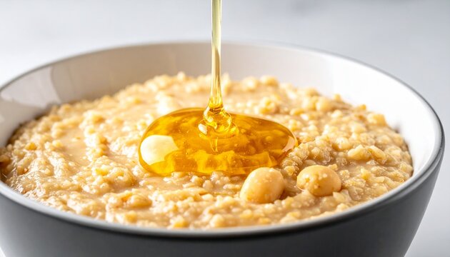 Traditional arabic aseed pudding with a chunky texture, topped with a generous pour of golden honey syrup.