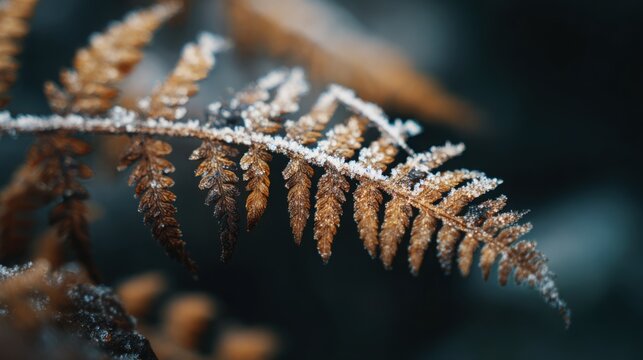 Delicate skeleton fern leaf covered with microscopic frost crystals, dark blurred forest background, extraordinary botanical macro, hyper realistic